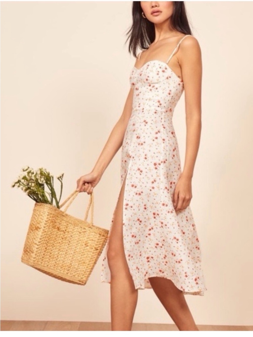 Reformation Nebraska Linen Midi Dress Cream Ditsy Floral Sweetheart Slit Size 0